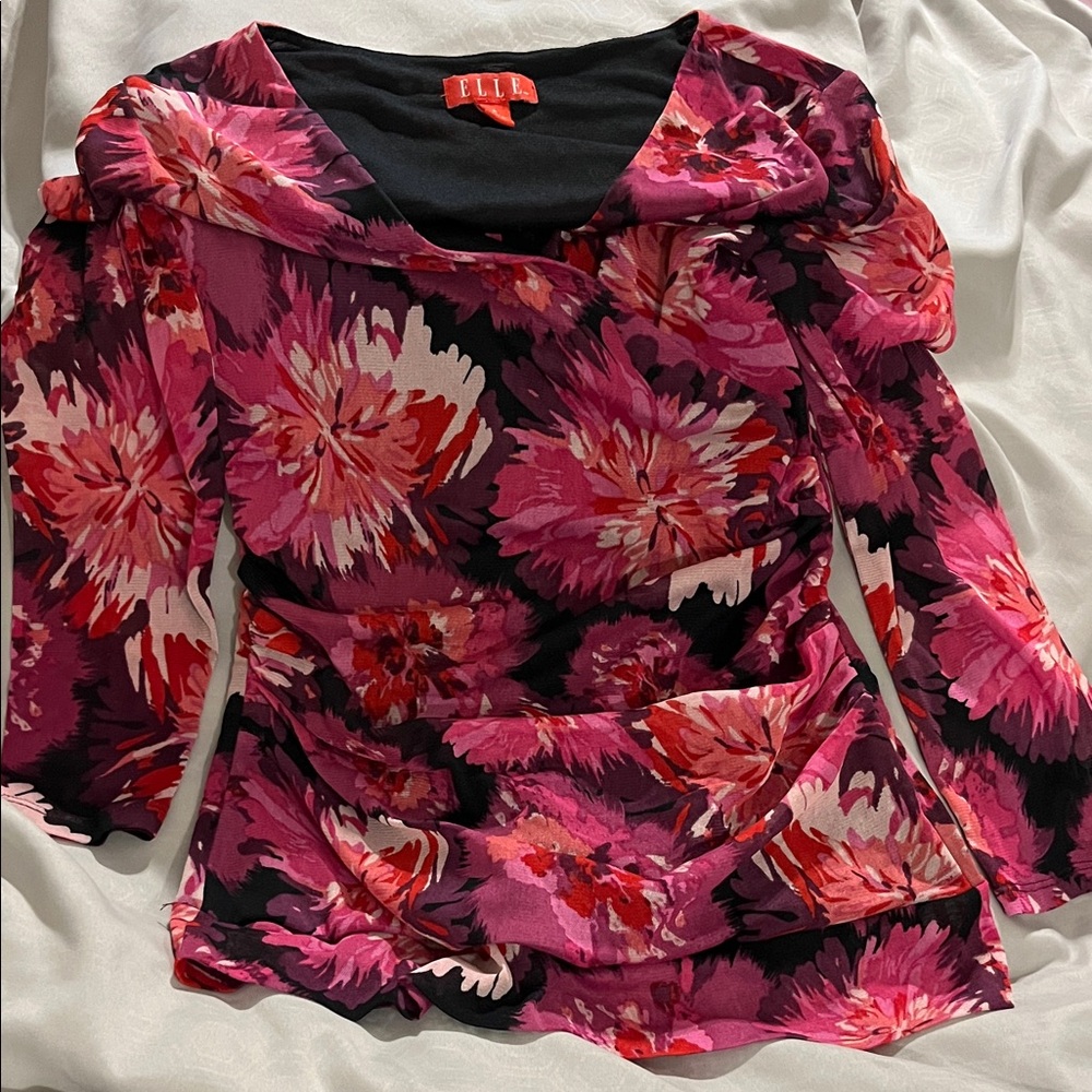 Elle Pink and Black Floral Scoop-Neck Long Sleeve Top